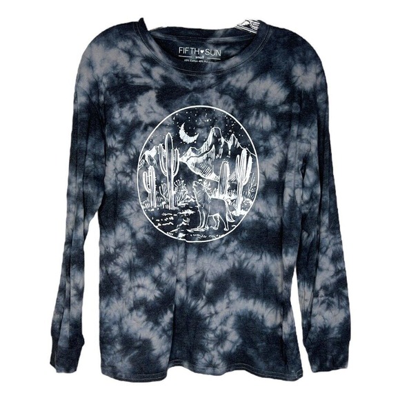 Fifth Sun Shirt Womens Small Gray Tie Dye Southwest Wolf Scene Basic Casual - Picture 1 of 5